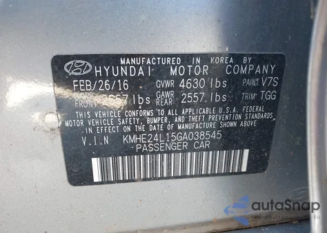 2016 Hyundai Sonata Hybrid Se из США, поврежденный, VIN KMHE24L15GA038545